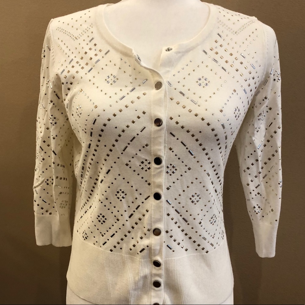White House Black Market ecru embellished cardi, Size S or M